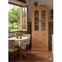 Cristaleira vitrine de madeira maciça no acabamento cera natural com toque acetinado com uma gaveta | coleção Mille 